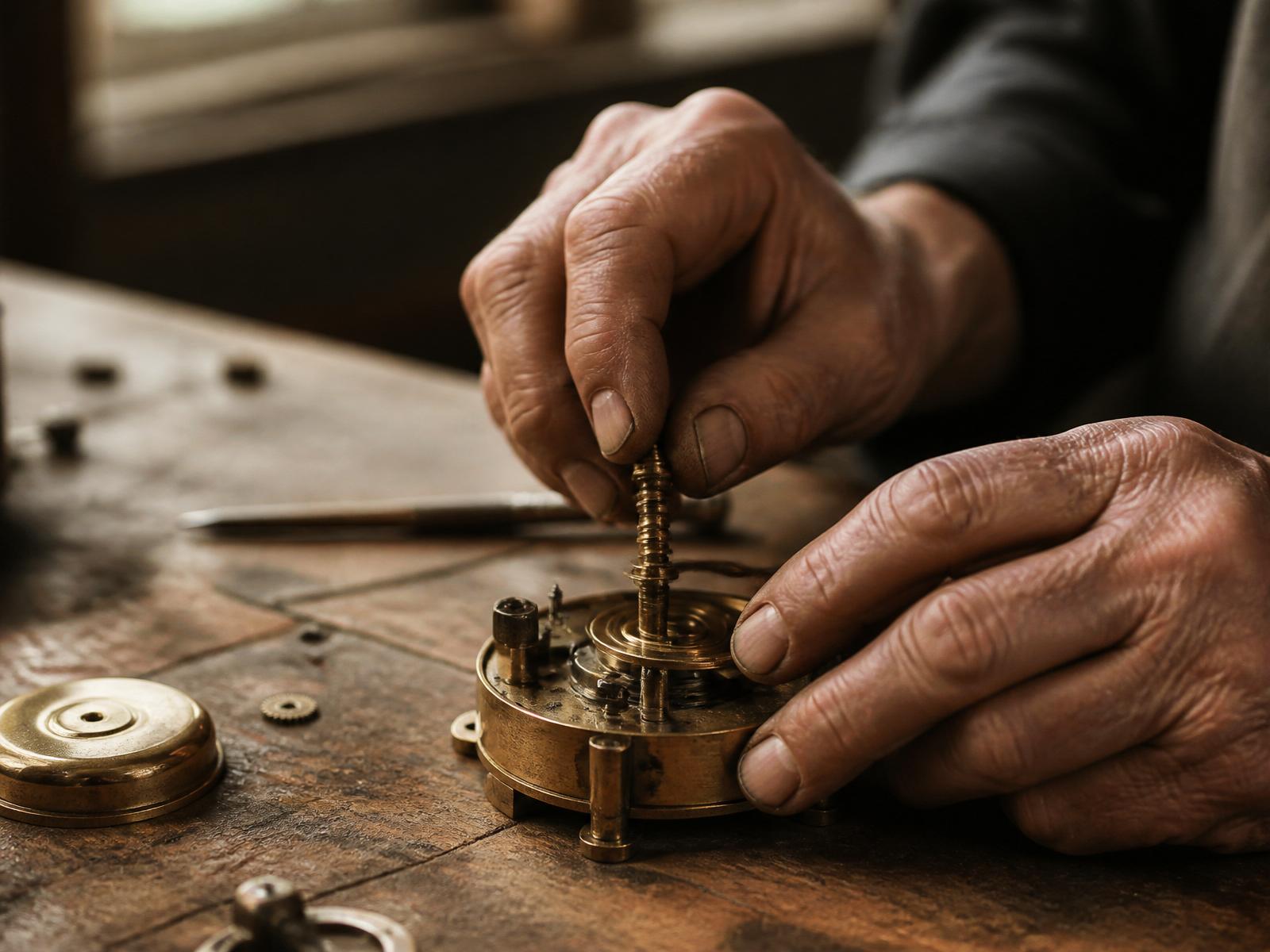Hands turning a small brass mechanism on a wooden workbench in warm window light.