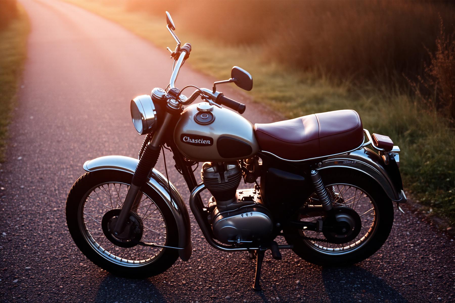 A vintage motorcycle parked on a gravel path in warm late light.