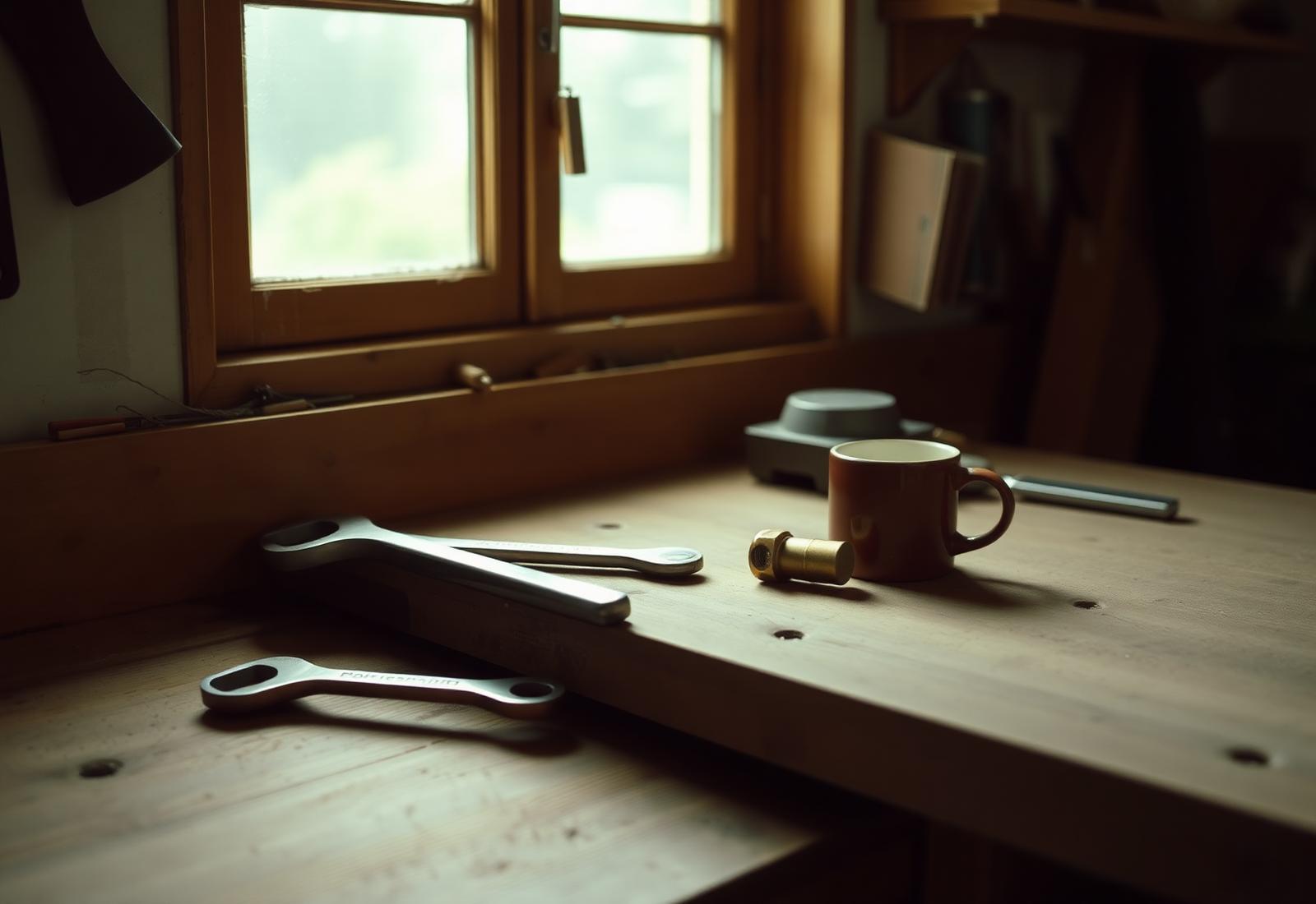 Hand tools laid out on a wooden workbench in warm window light.